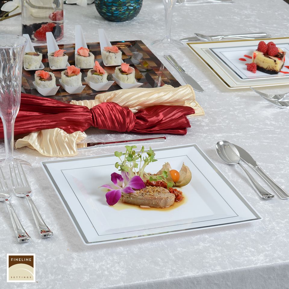 Holiday tablesetting using disposable dinnerware by Fineline Settings